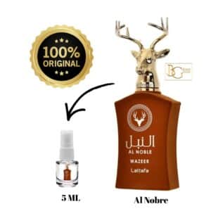Decant Perfume Lattafa Al Noble Wazeer 5ml – Niche Dubai Unissex EDP, Fixação Longa, Aroma Amadeirado e Gourmand.
